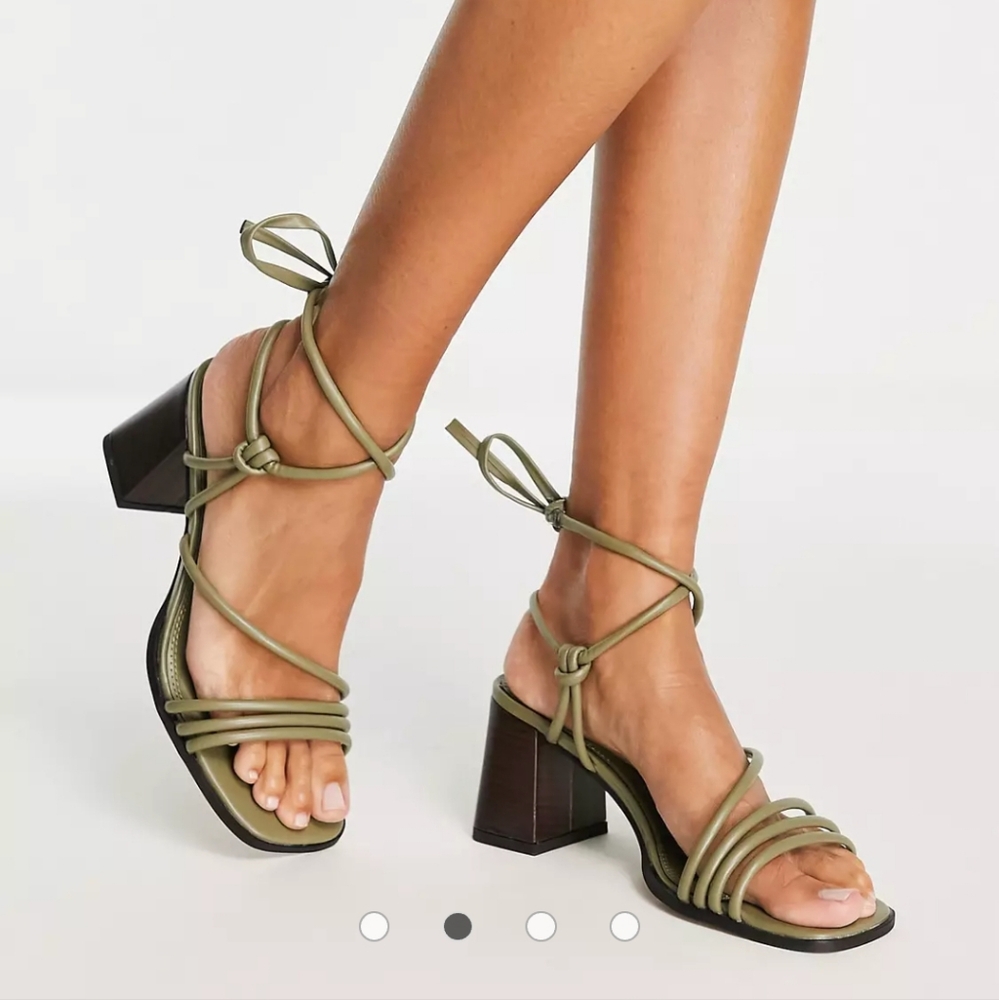 ASOS DESIGN Wide Fit Hollow strappy tie leg mid heeled sandals in green